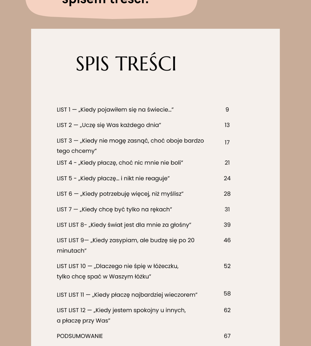 Spis treści e-booka Mamo, Tato – najpierw mnie zrozum. Tematy dotyczące płaczu, snu i regulacji emocji niemowlęcia.